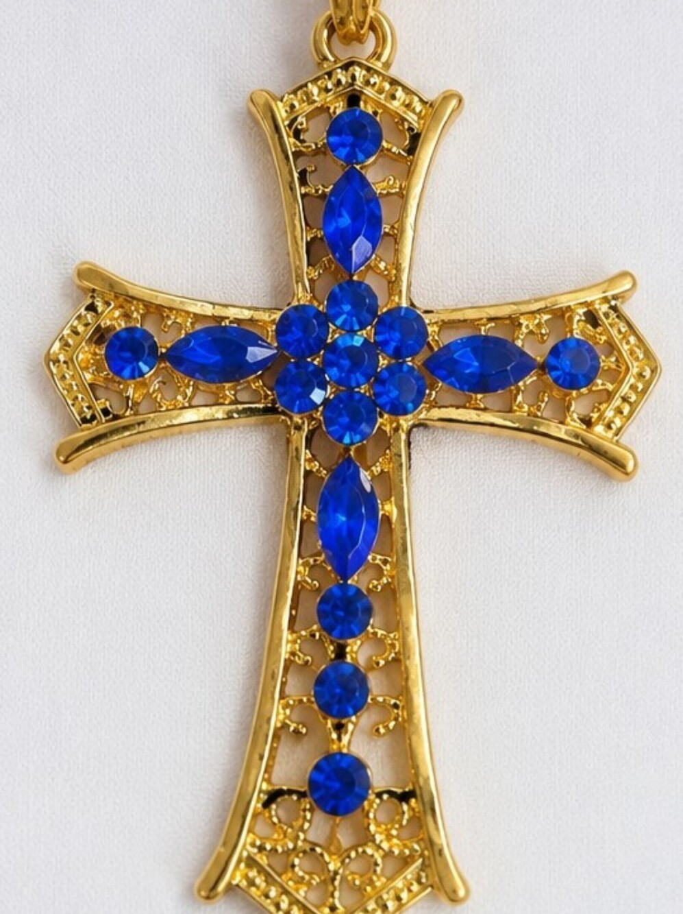 Vintage Style Gold Tone Filigree Cross Necklace Blue Rhinestone Crystal S